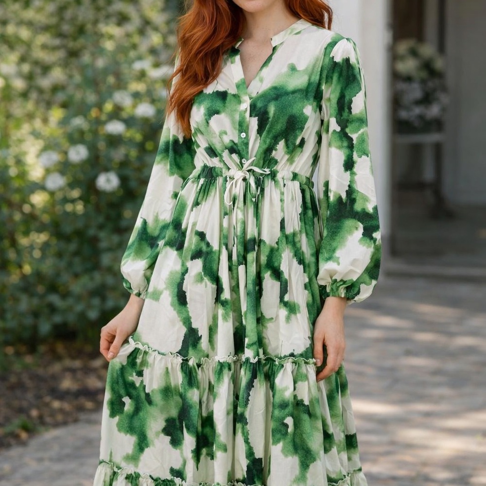 Green and White Button-Up Dress